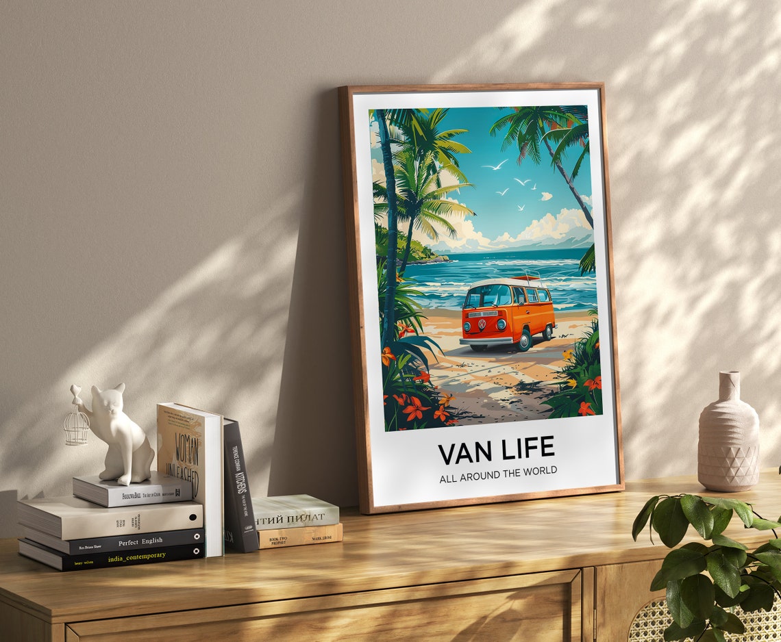 Van Life Retro Camper Van on Tropical Beach Travel Adventure Poster - Image 4