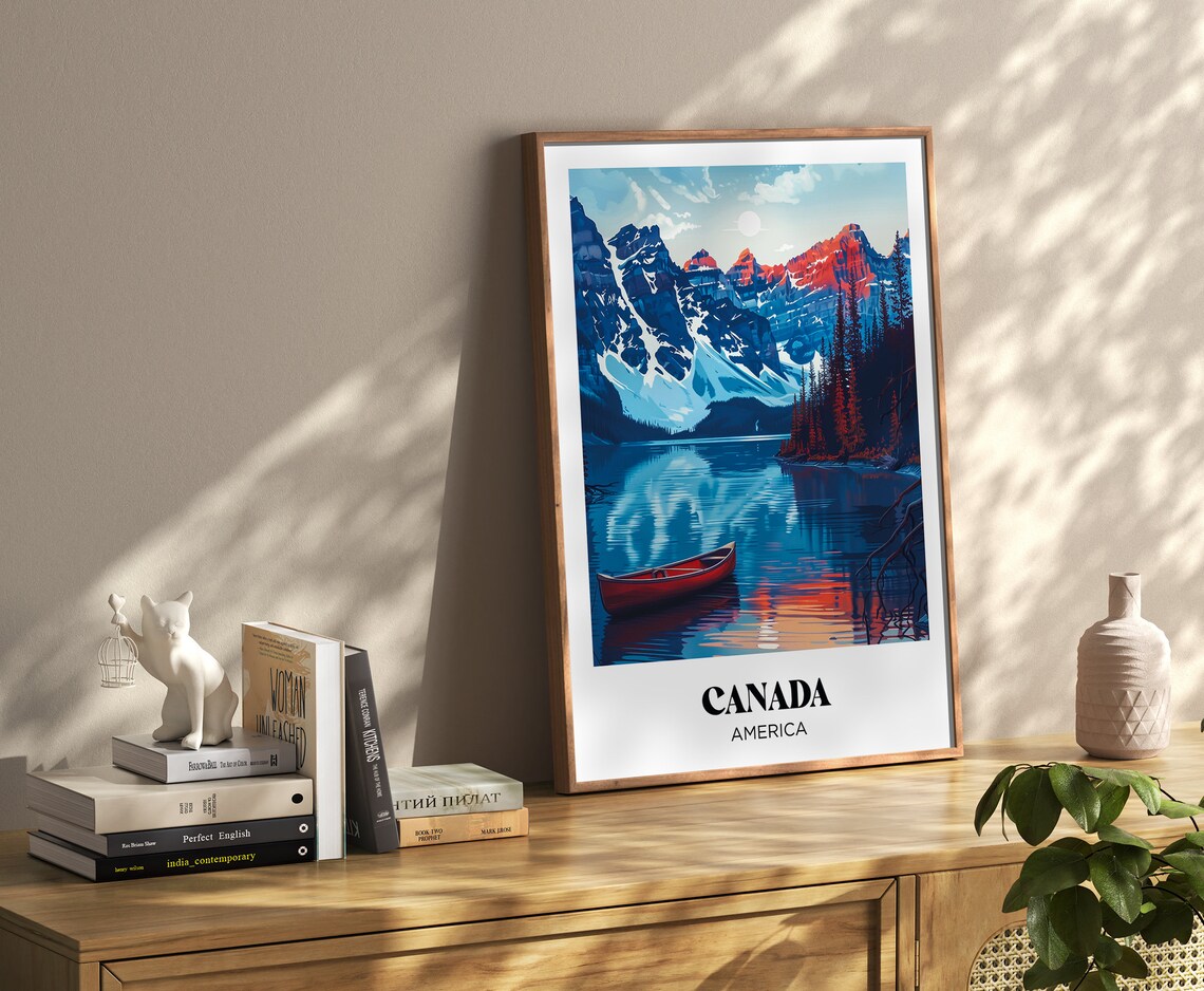 Canada Vintage Alpine Lake Red Canoe Snowy Peaks Travel Poster - Image 4