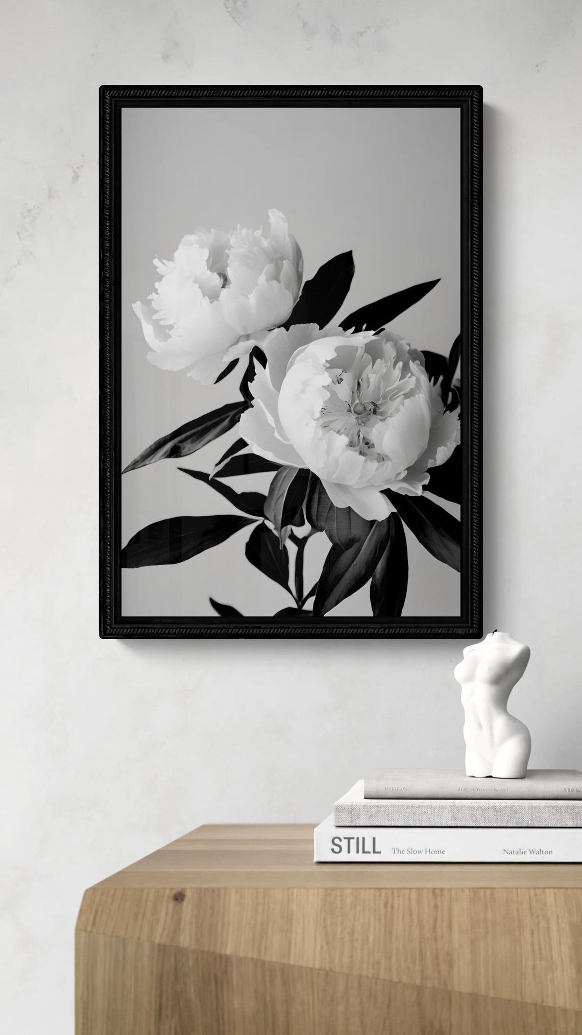 White Peony Stems Black And White Minimalist Floral Art Poster - Image 2