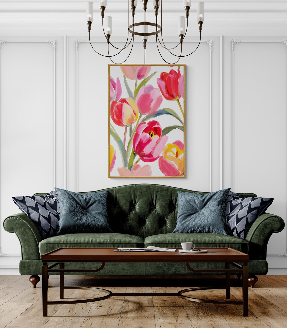 Pink Red Yellow Tulips White Background Bold Floral Painting Wall Art Poster - Image 2
