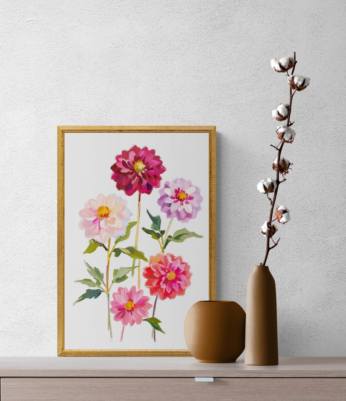 Pink Dahlia Blooms Delicate Botanical White Background Floral Art Print Poster - Image 4