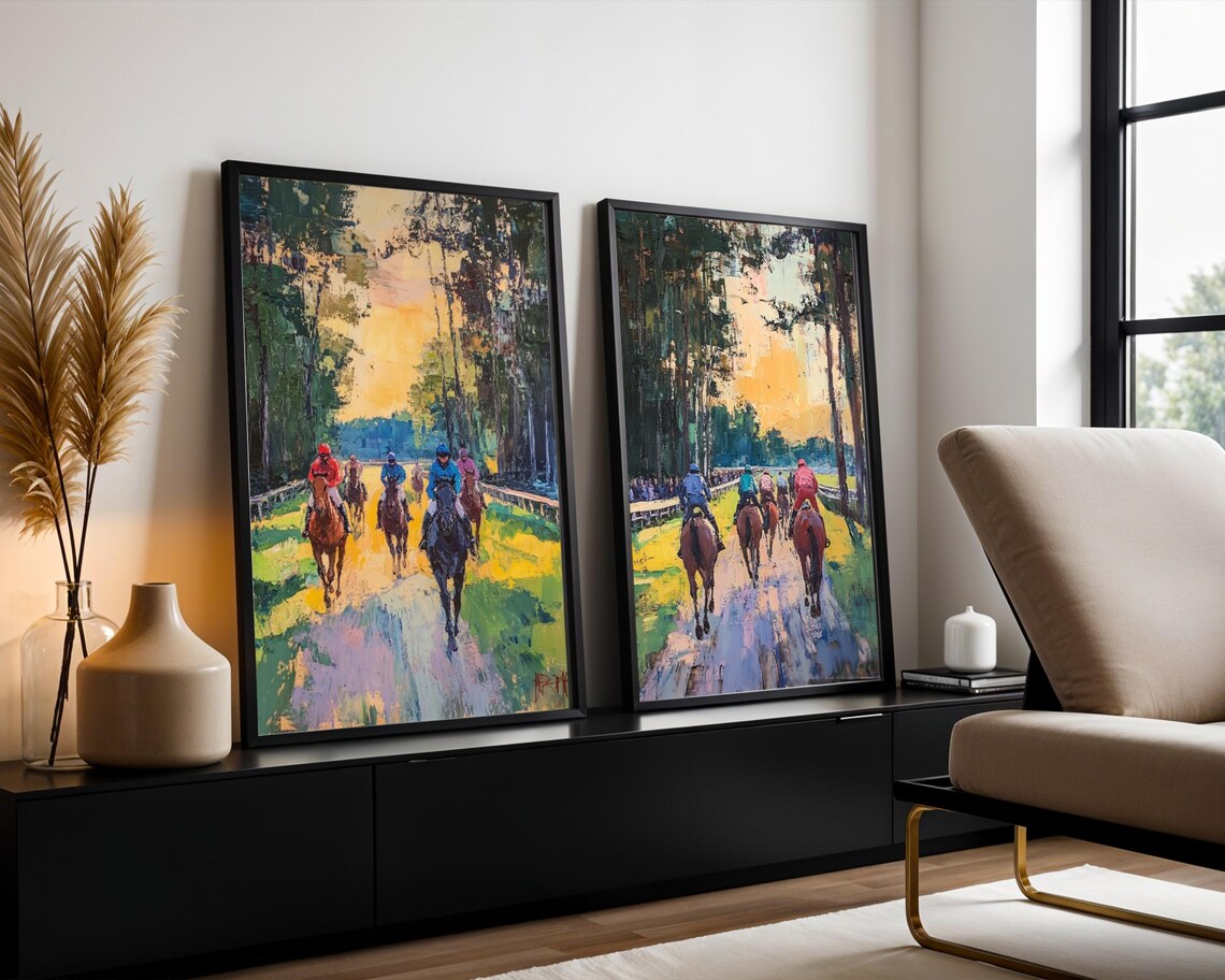 Horse Riders On Forest Trail Sunset Impressionist Equestrian Art Poster - Image 2