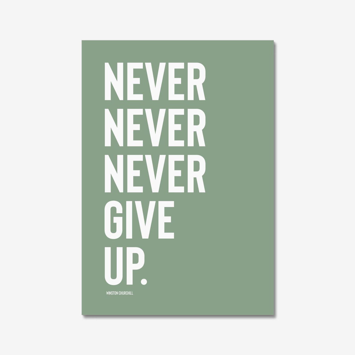 Never Give Up Churchill Quote Sage Green Retro Typography Poster