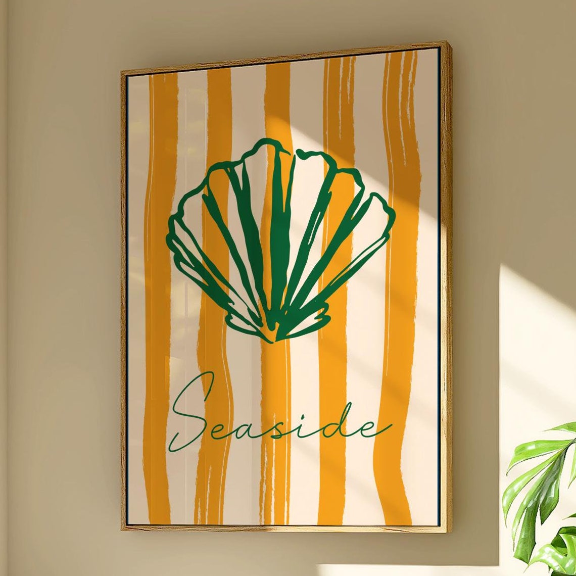 Seaside Scallop Shell Green Line Art On Orange Striped Coastal Poster