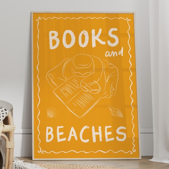 Books And Beaches Mustard Yellow Line Art Reading Holiday Wall Poster