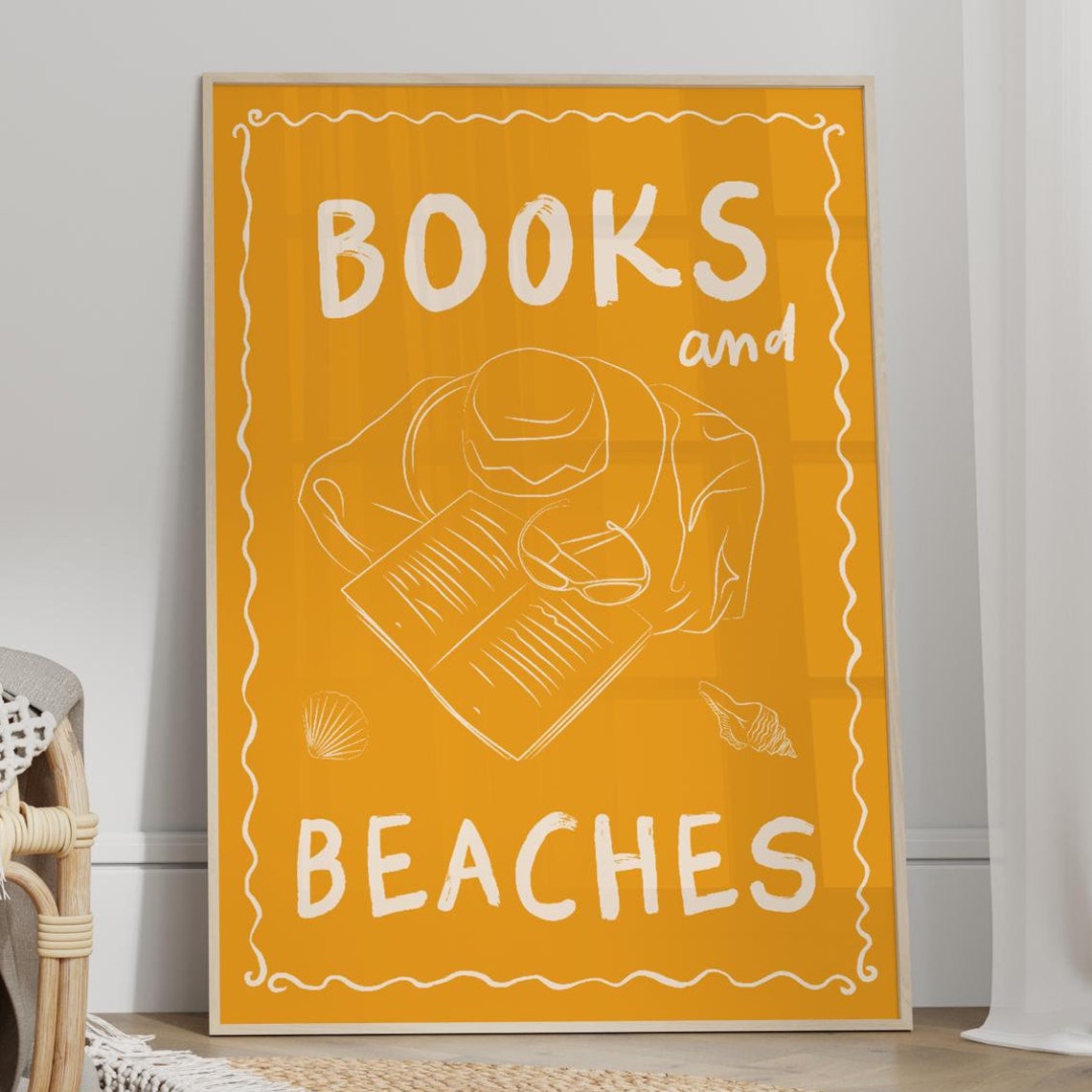 Books And Beaches Mustard Yellow Line Art Reading Holiday Wall Poster