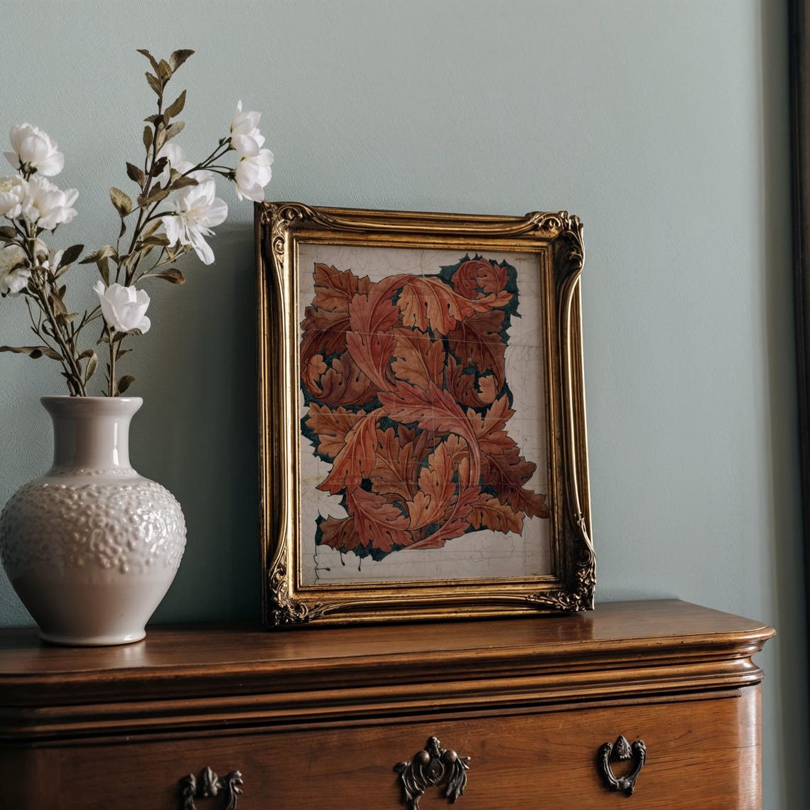 William Morris Style Autumn Leaves Design Study Rust Red Poster - Image 2