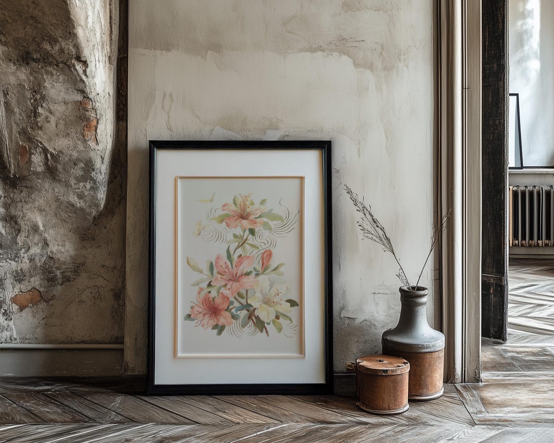 Peach Azalea Blossom with Butterfly Vintage Japanese Floral Poster - Image 3