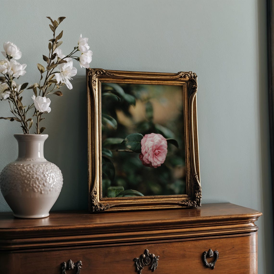 Pink Camellia Bloom On Dark Green Foliage Moody Photograph Print - Image 2