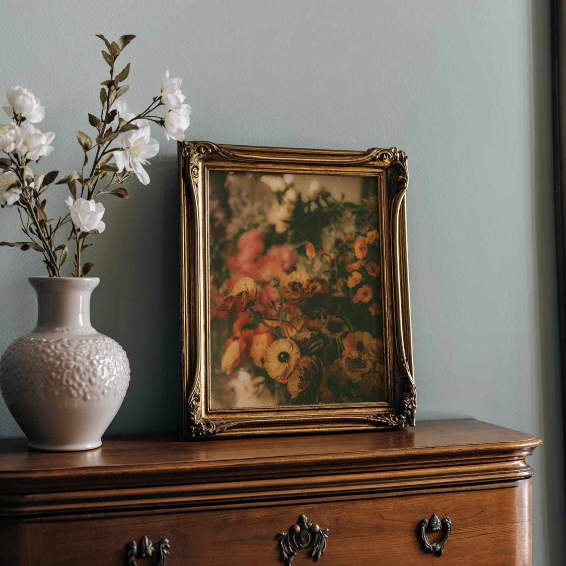Golden Orange Ranunculus Bouquet Moody Floral Photography Print - Image 2