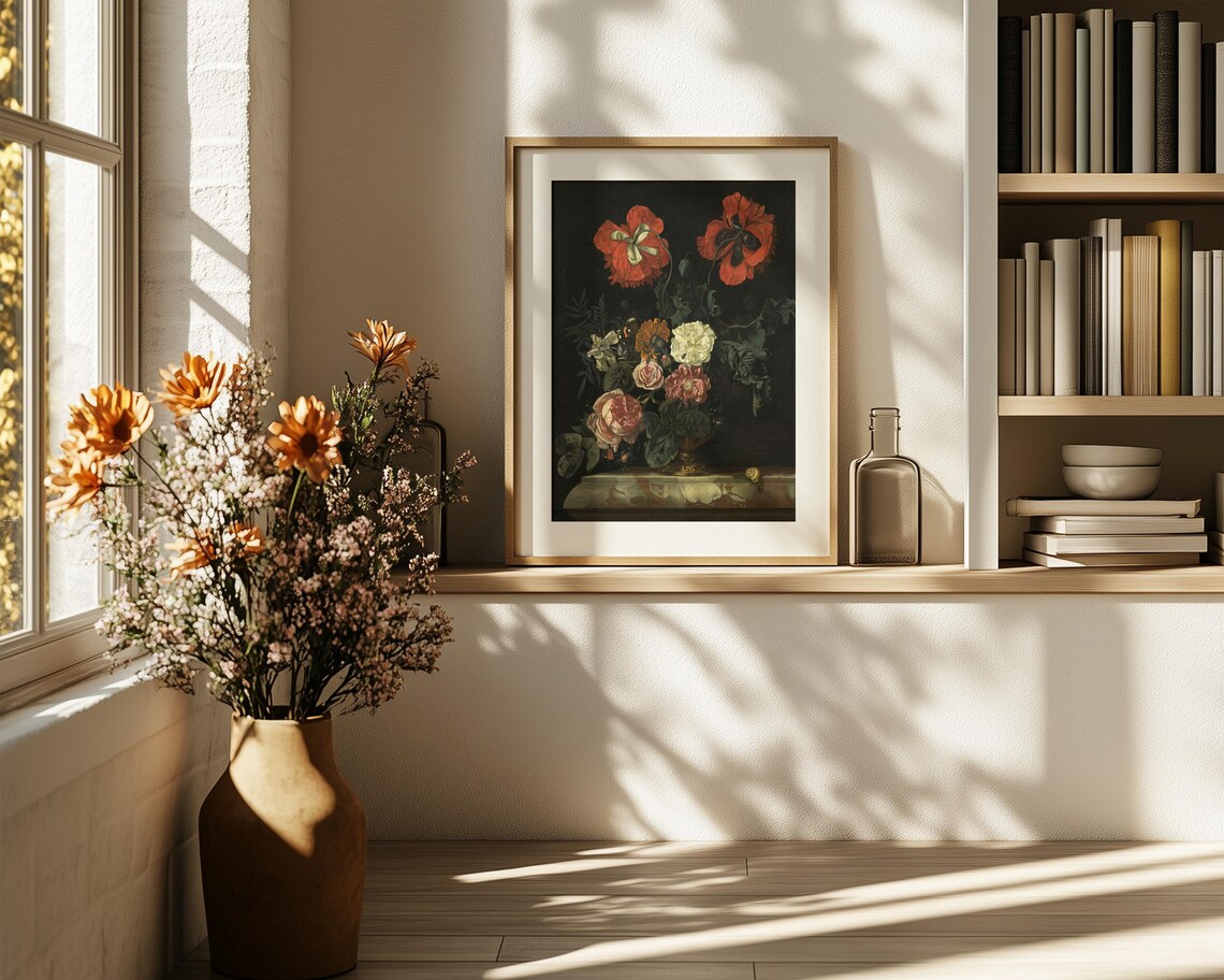 Red Poppies and Roses Dark Vintage Floral Still Life Painting Poster - Image 6