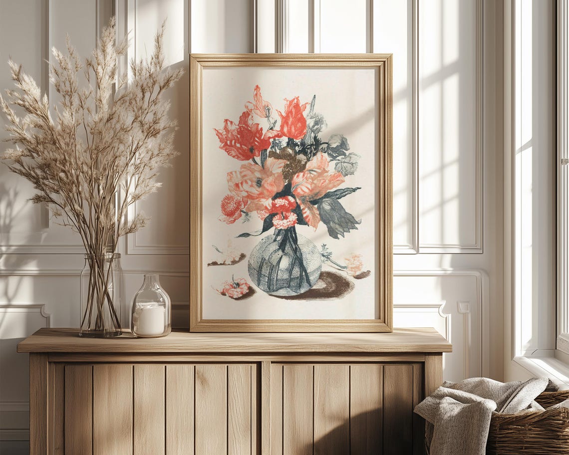 Red Tulips And Carnations In A Glass Vase Vintage Bouquet Print - Image 4