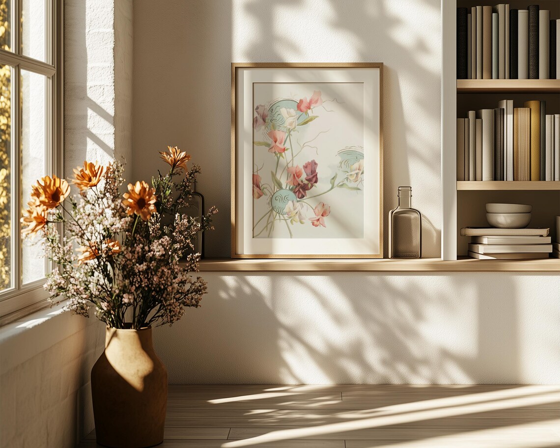 Climbing Sweet Peas in Pink and Burgundy Vintage Floral Poster - Image 6