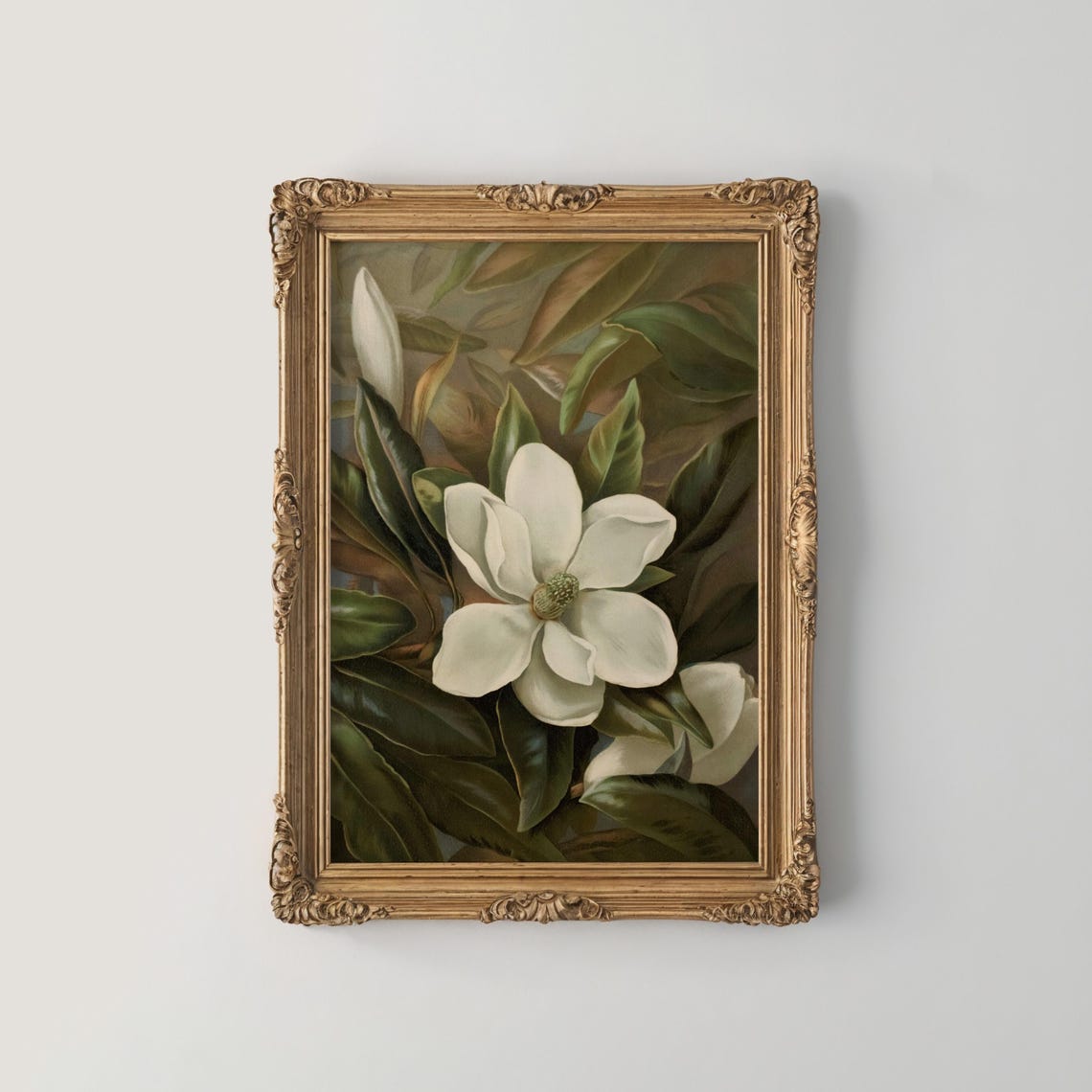 White Magnolia Bloom Glossy Green Leaves Painterly Vintage Poster