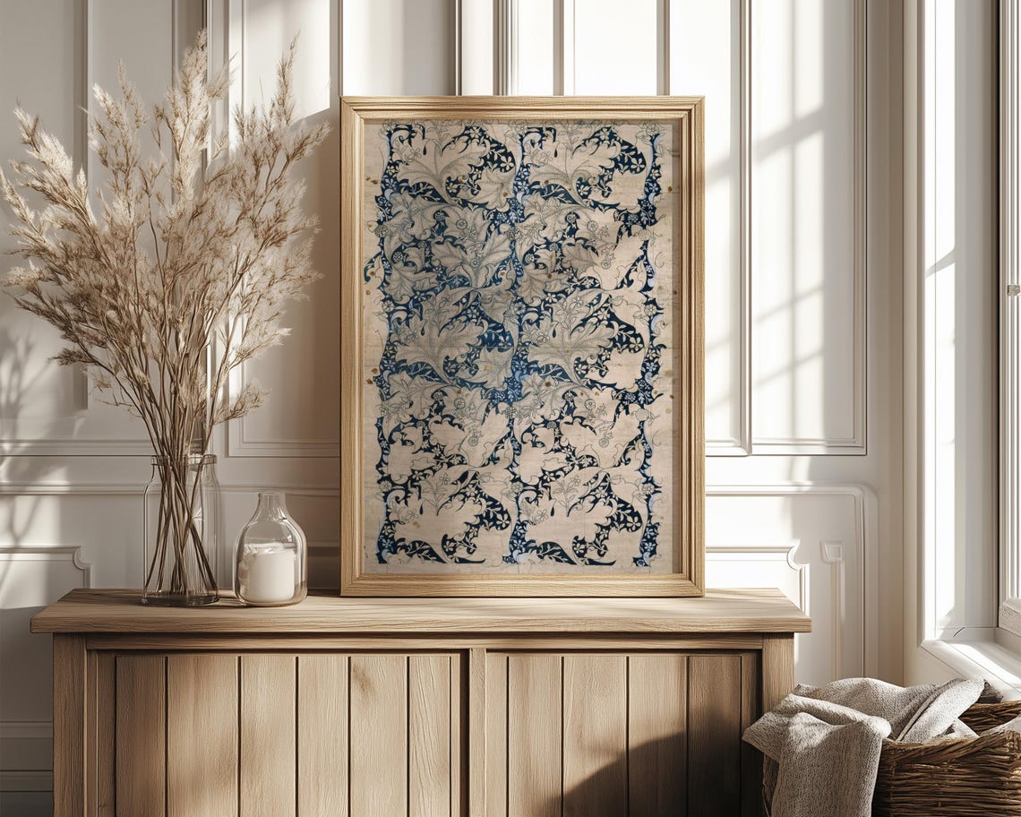 Indigo and Cream Floral Wallpaper Pattern Morris Style Poster - Image 4