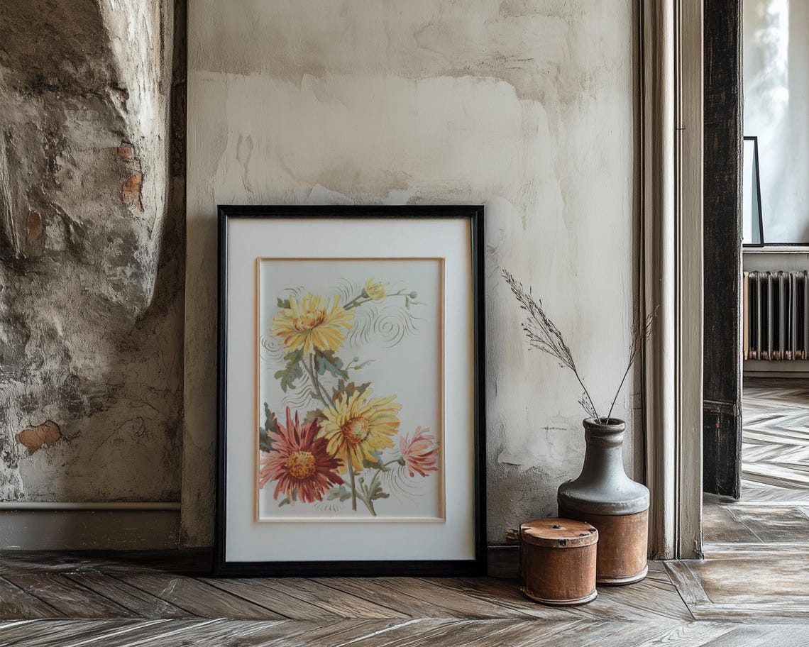 Golden Chrysanthemum Blossoms Japanese Wind Motif Floral Poster - Image 3
