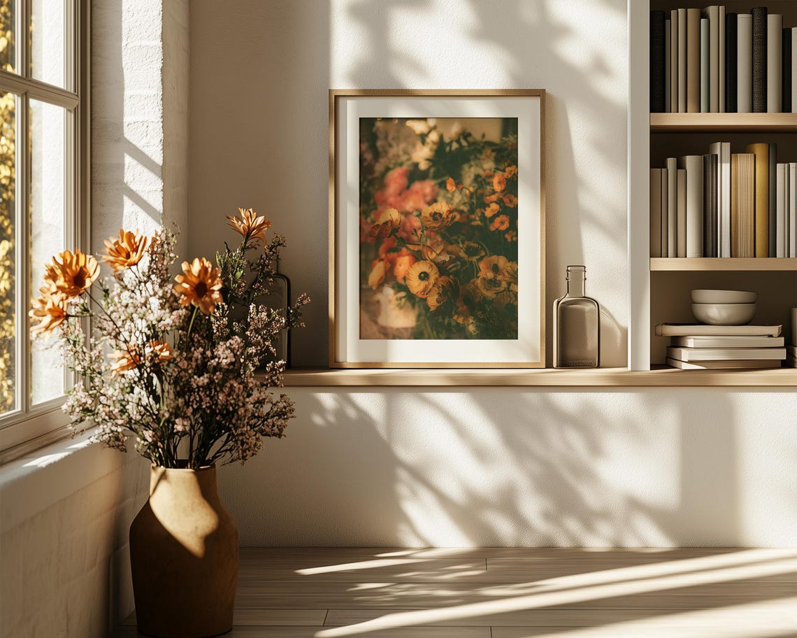 Golden Orange Ranunculus Bouquet Moody Floral Photography Print - Image 6