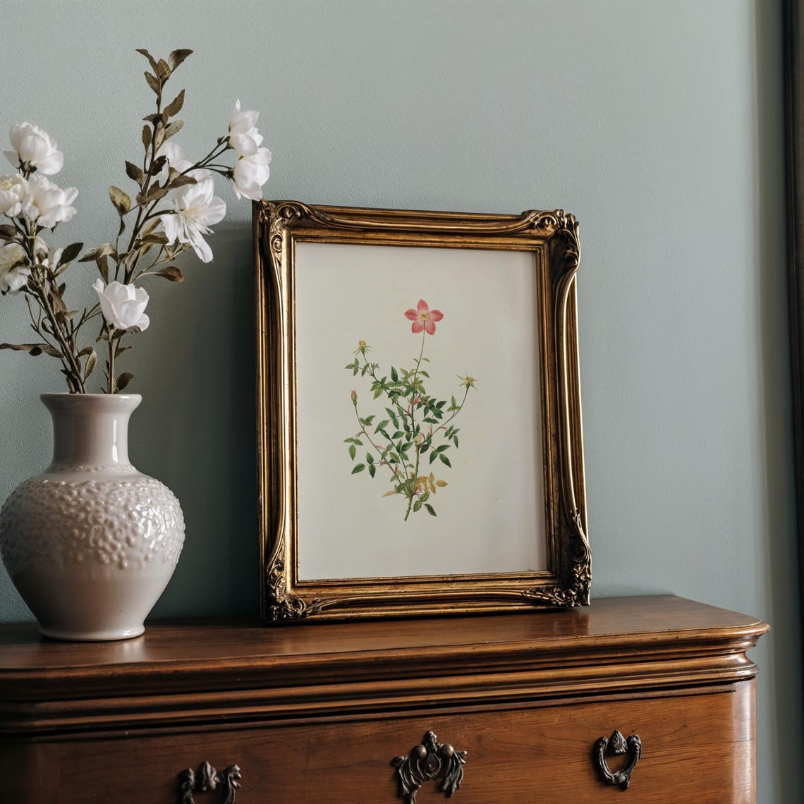 Single Pink Wild Rose On A Delicate Slender Stem Botanical Print - Image 2