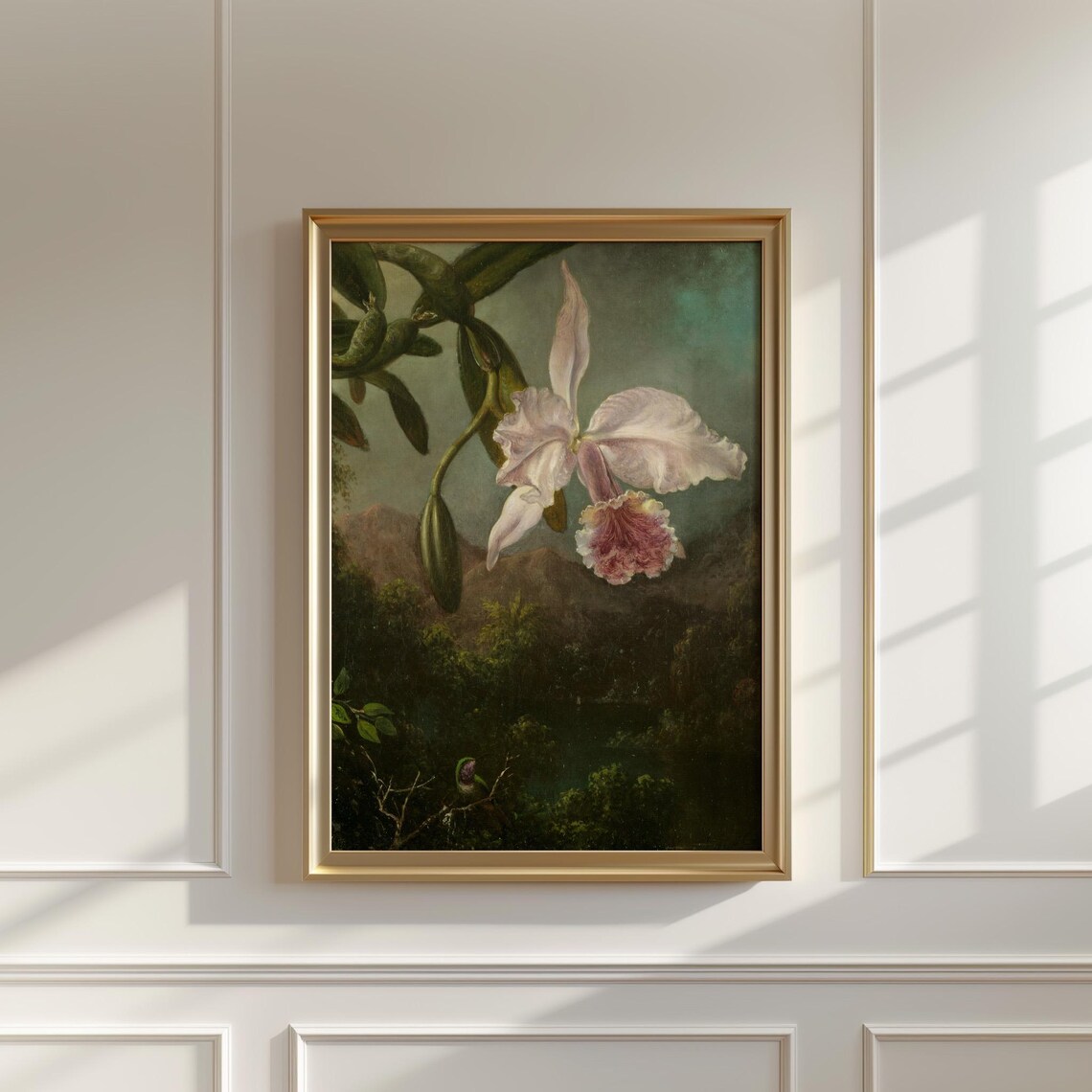 White Orchid Over A Dark Tropical Valley Oil Painting Style Print - Image 5