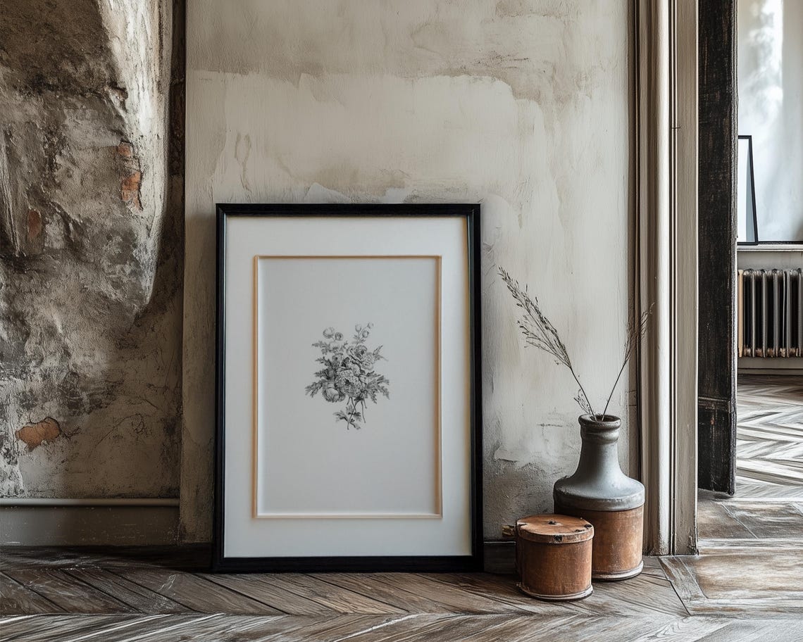 Vintage Monochrome Botanical Ink Sketch Mixed Flower Bouquet Poster - Image 3