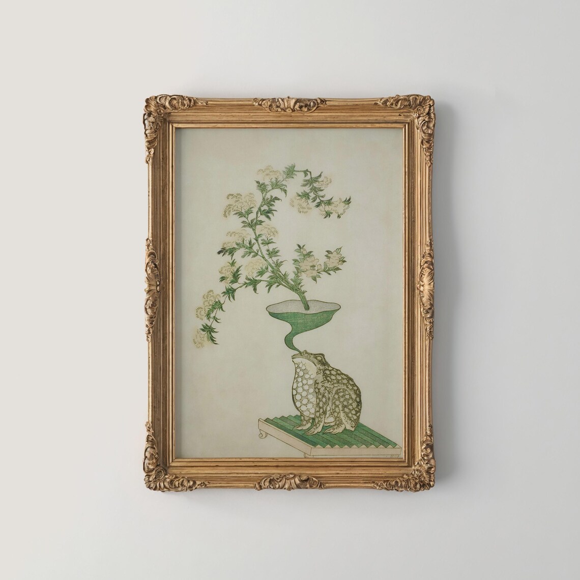 Japanese Woodblock Frog Blowing Floral Vase Whimsical Art Poster