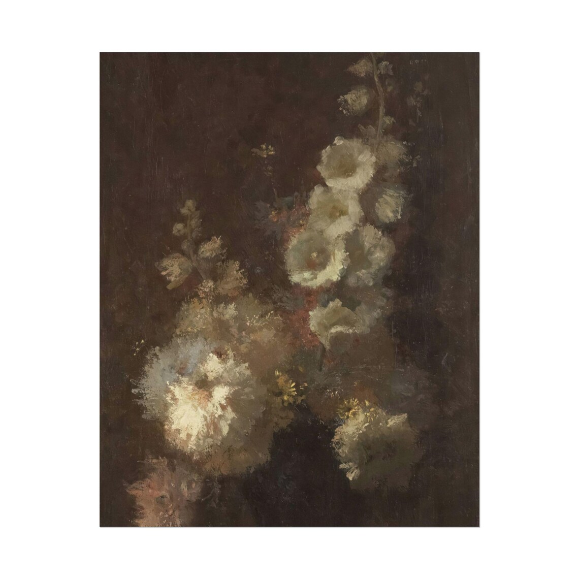 White Hollyhock Spires Dark Moody Vintage Floral Oil Painting Poster - Image 2