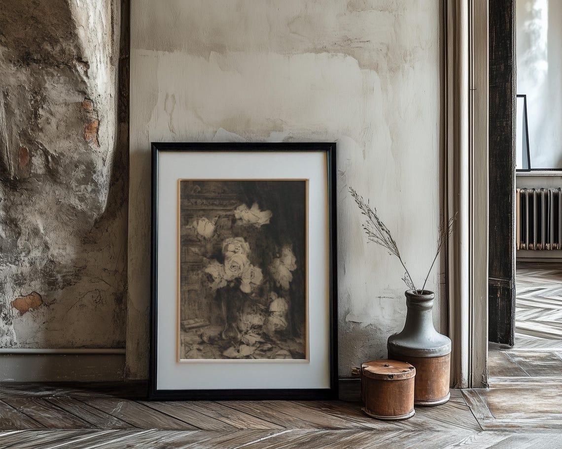 Sepia Rose Sketch Dark Moody Vintage Floral Still Life Poster - Image 3