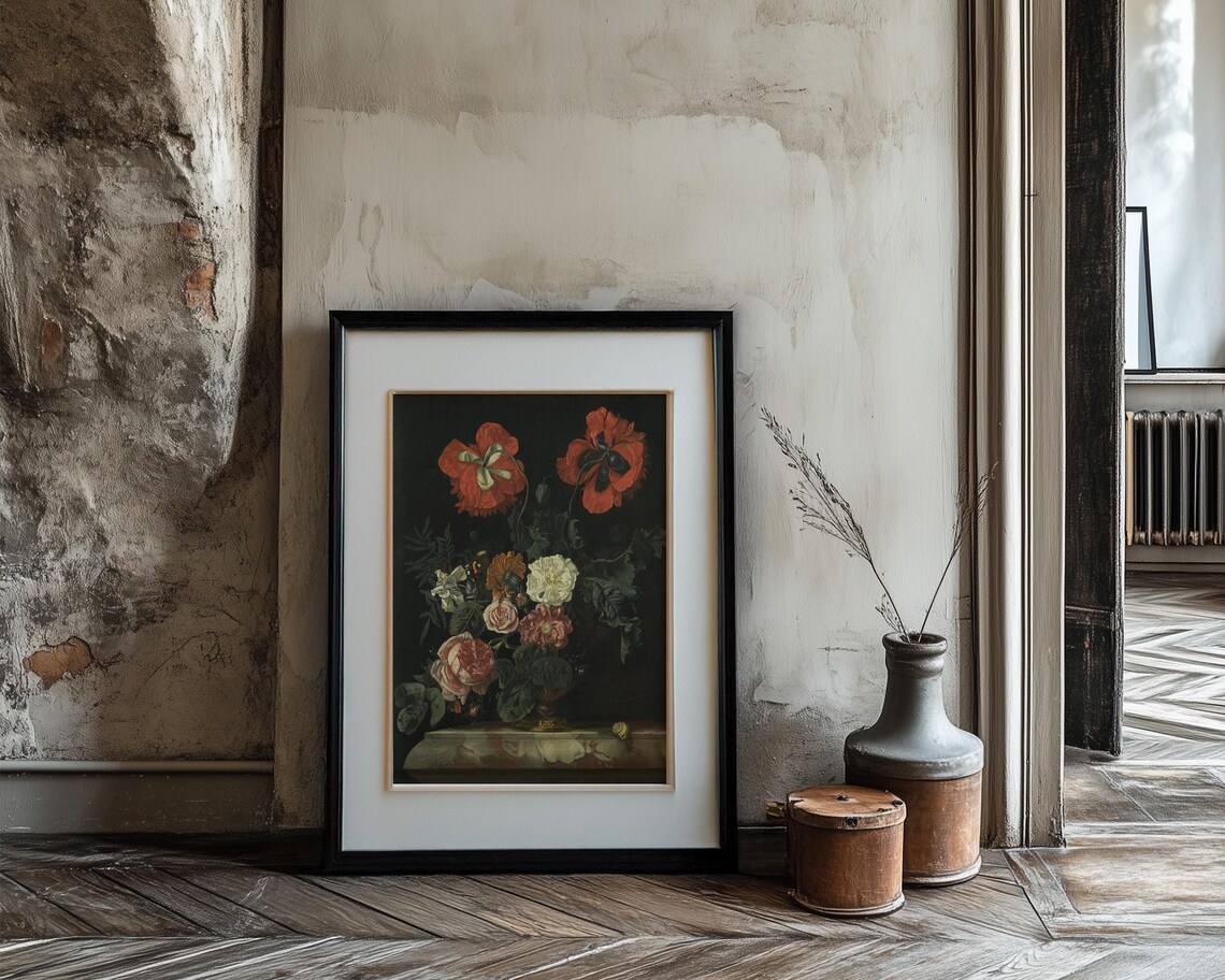 Red Poppies and Roses Dark Vintage Floral Still Life Painting Poster - Image 3