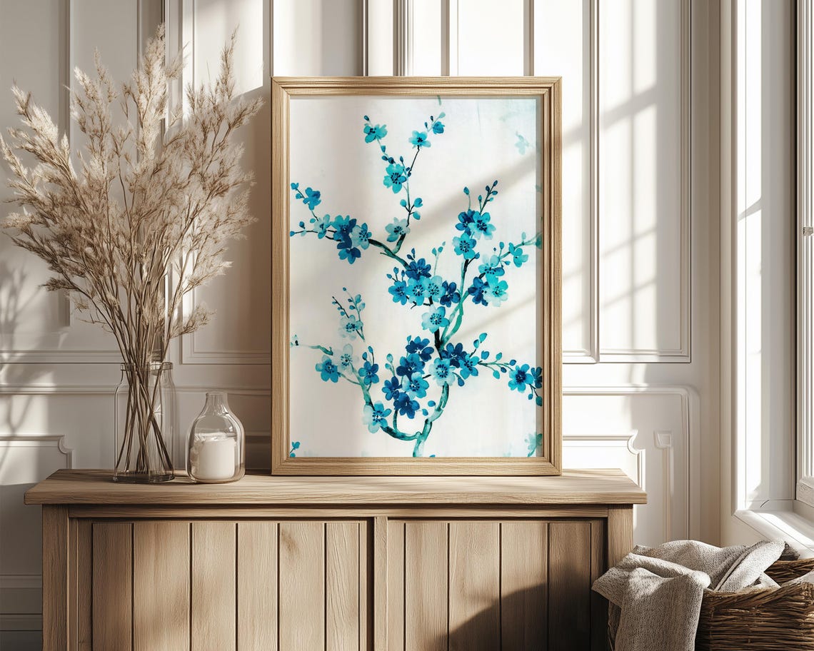 Blue Cherry Blossom Branches Watercolor Floral Wall Decor Print - Image 4
