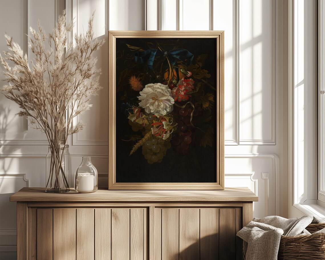 Dark Baroque Floral Festoon White Rose Blue Ribbon Vintage Poster - Image 4