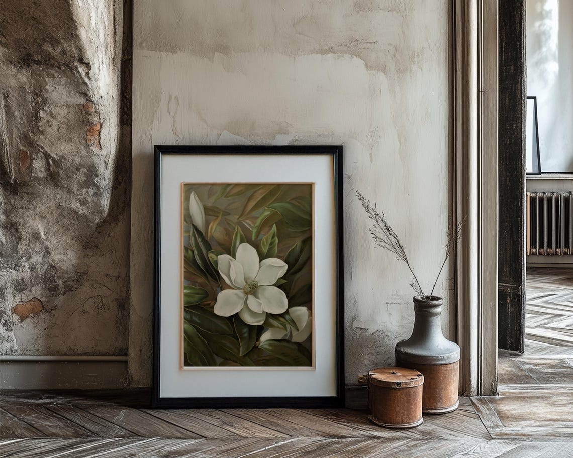 White Magnolia Bloom Glossy Green Leaves Painterly Vintage Poster - Image 3