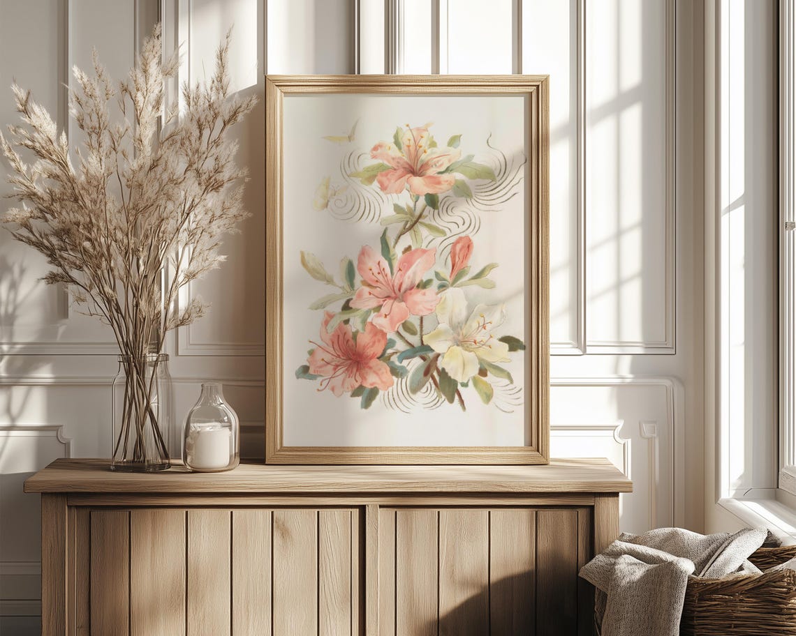 Peach Azalea Blossom with Butterfly Vintage Japanese Floral Poster - Image 4
