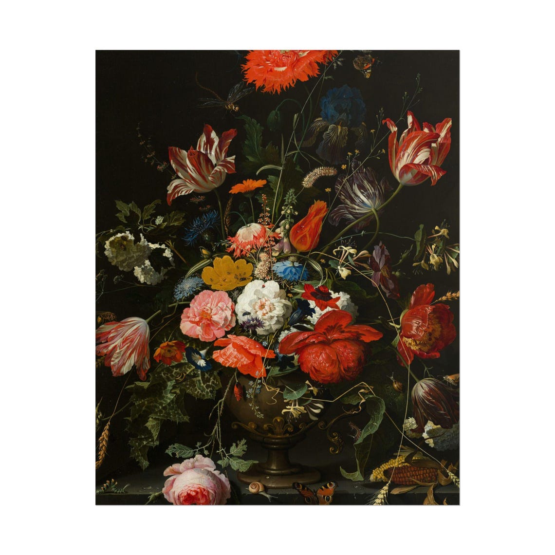 Dutch Baroque Floral Still Life Tulips Poppies Dark Background Poster - Image 2