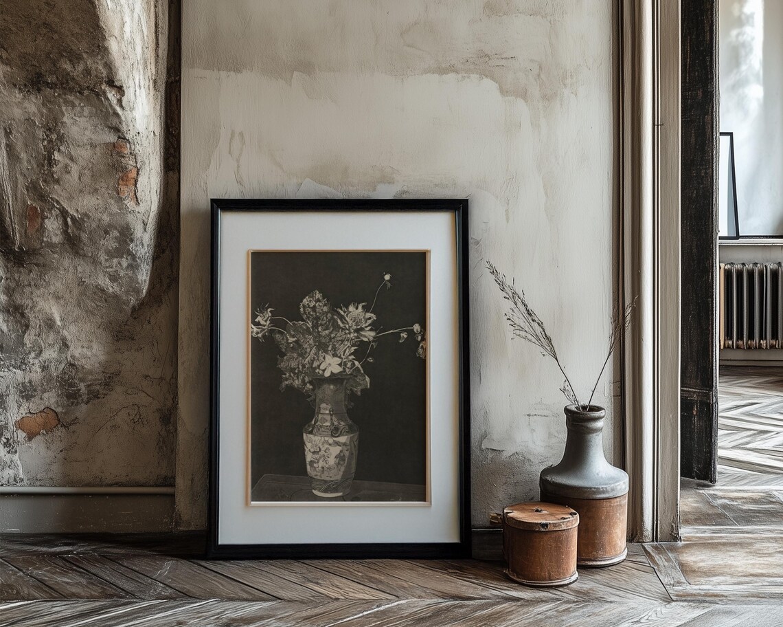 Monochrome Floral Still Life Chinese Vase Dark Background Poster - Image 3