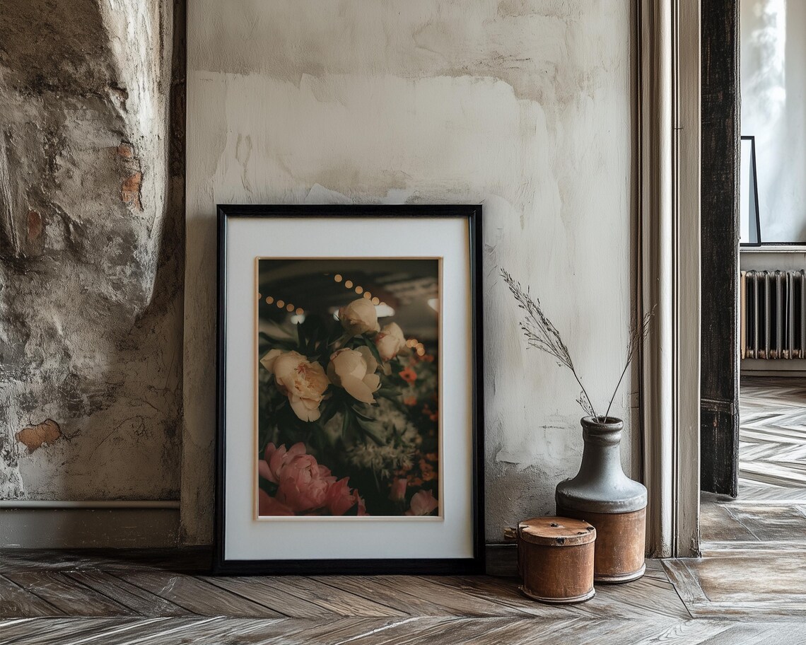 Cream And Pink Peonies With Evening Lights Moody Photograph Print - Image 3