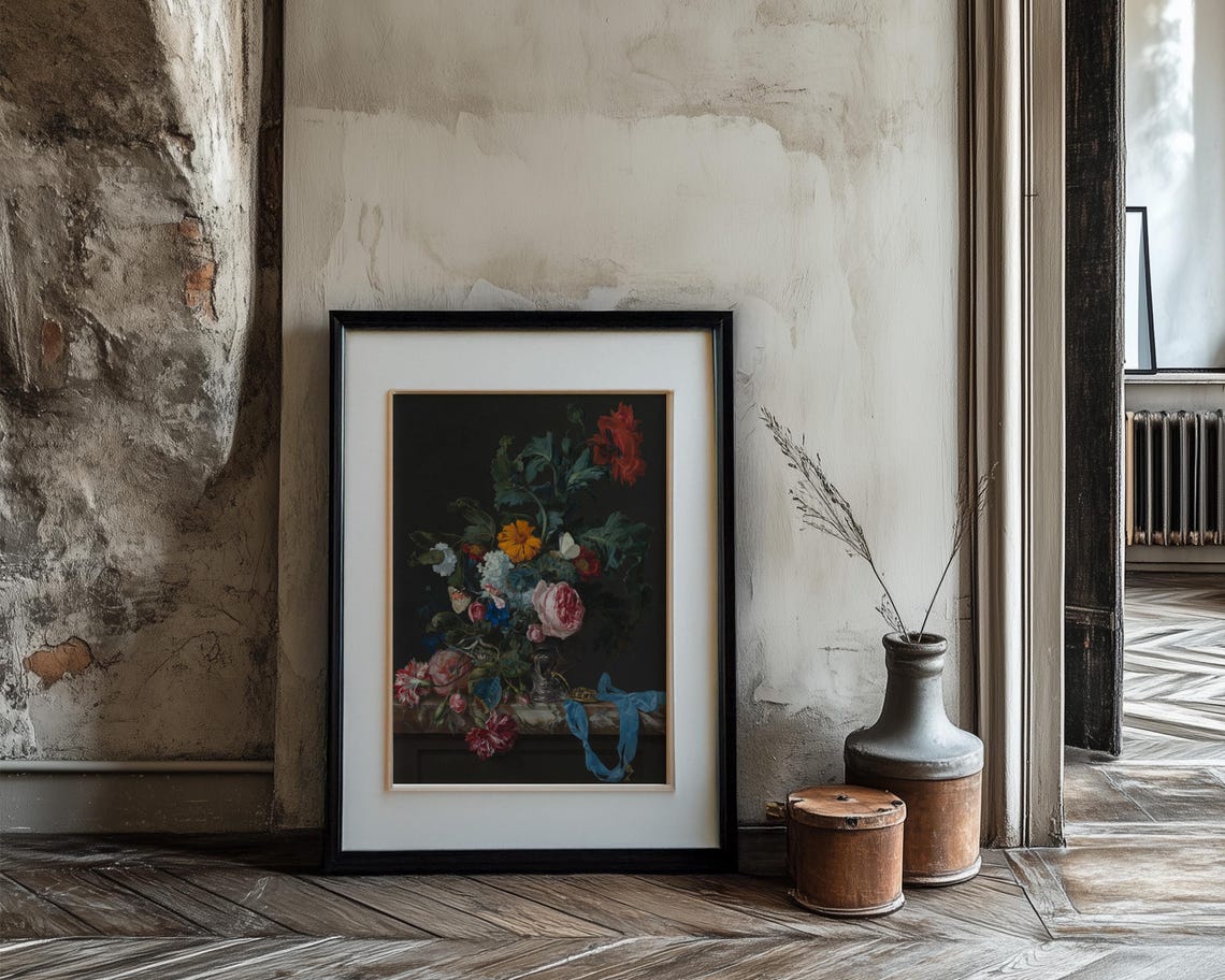 Moody Mixed Bouquet with Blue Ribbon in Dark Classic Still Life Poster - Image 3