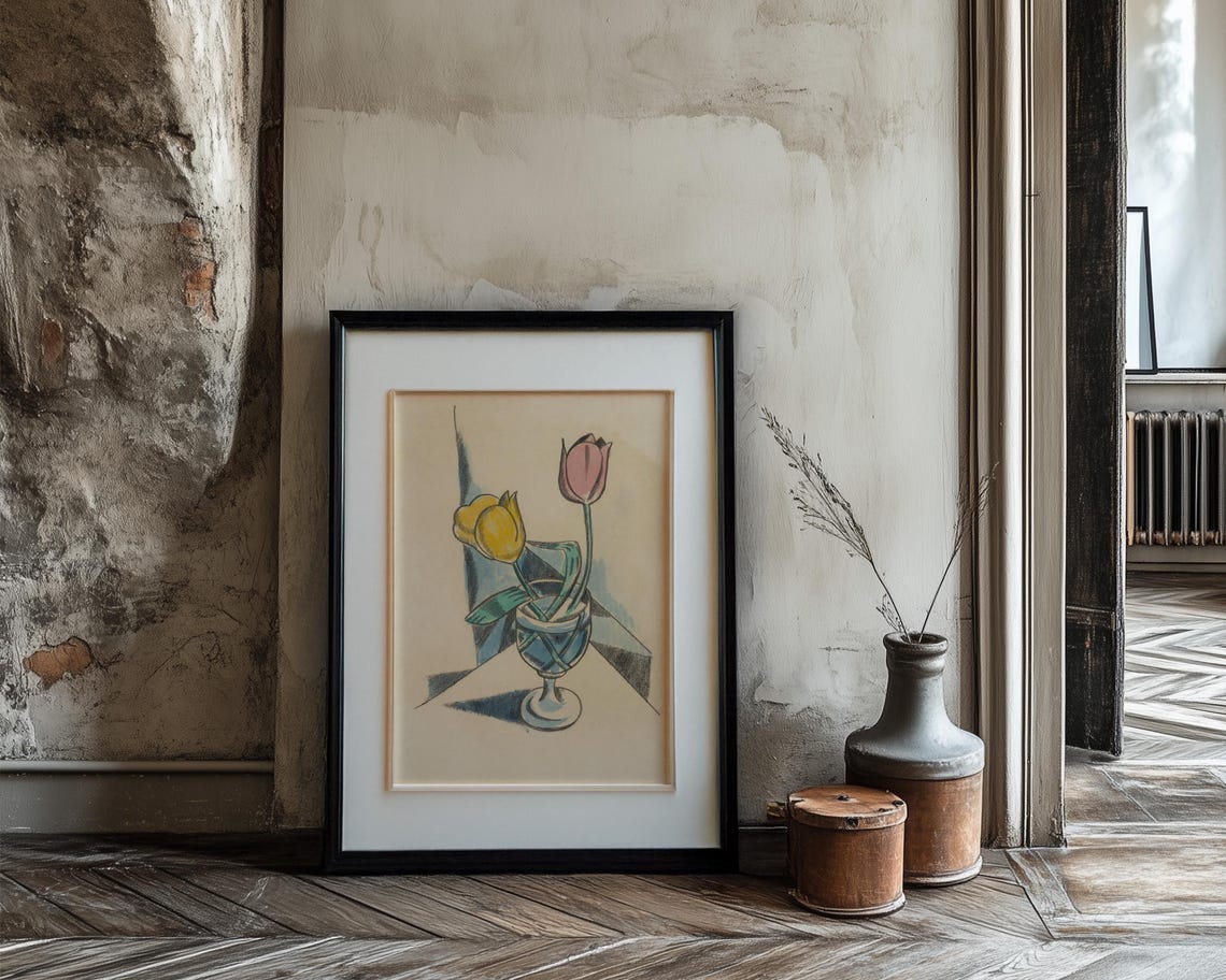 Yellow And Pink Tulips In A Glass Vase Cubist Style Art Print - Image 3
