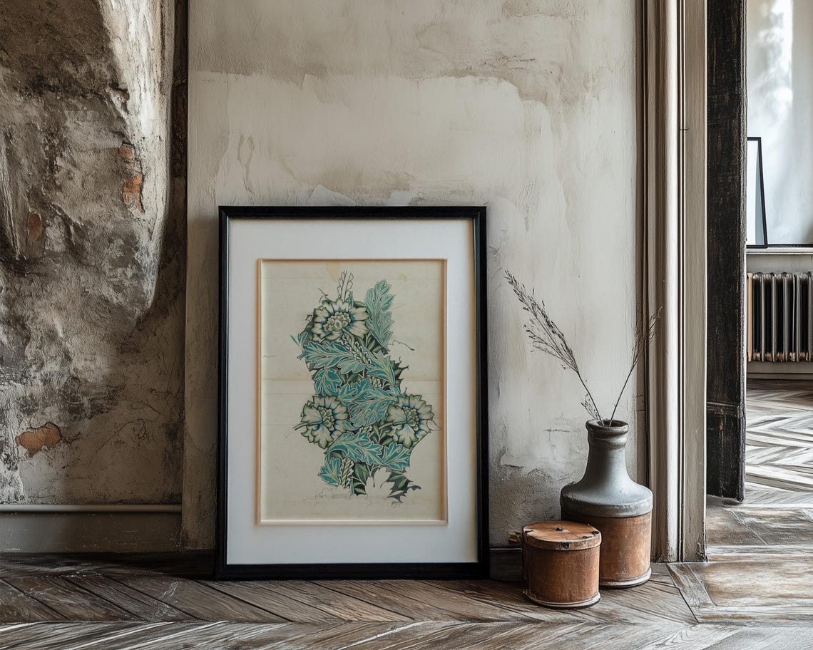 Teal Green Floral Column Design Study Morris Style Art Poster - Image 3