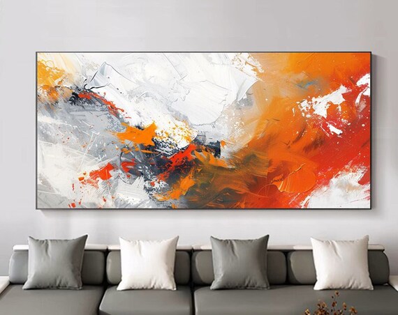 Abstract Oil Painting In Orange White And Grey Textured 3d Art For Living Room And Entryway