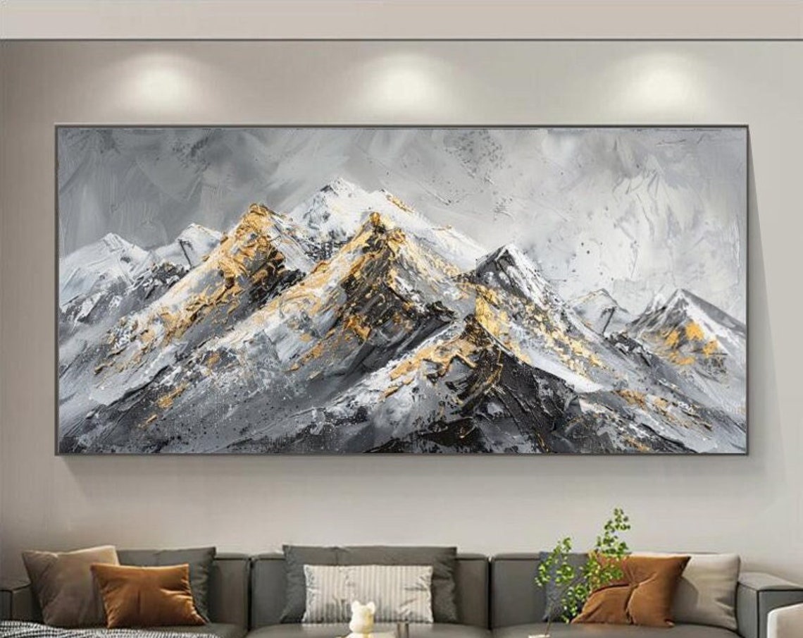 Grey Mountain Range With Gold Leaf Textured Landscape Painting Poster - Image 6