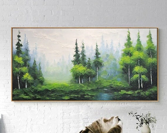 Misty Forest Landscape Oil Painting Abstract Green Woods Textured 3d Wall Art For Living Room And Entryway