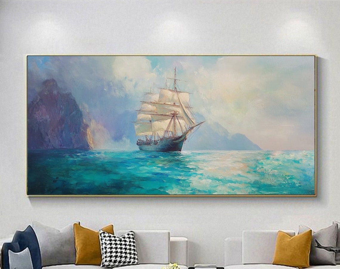 Tall Ship Sailing Turquoise Sea Past Rocky Coastline Panorama Poster