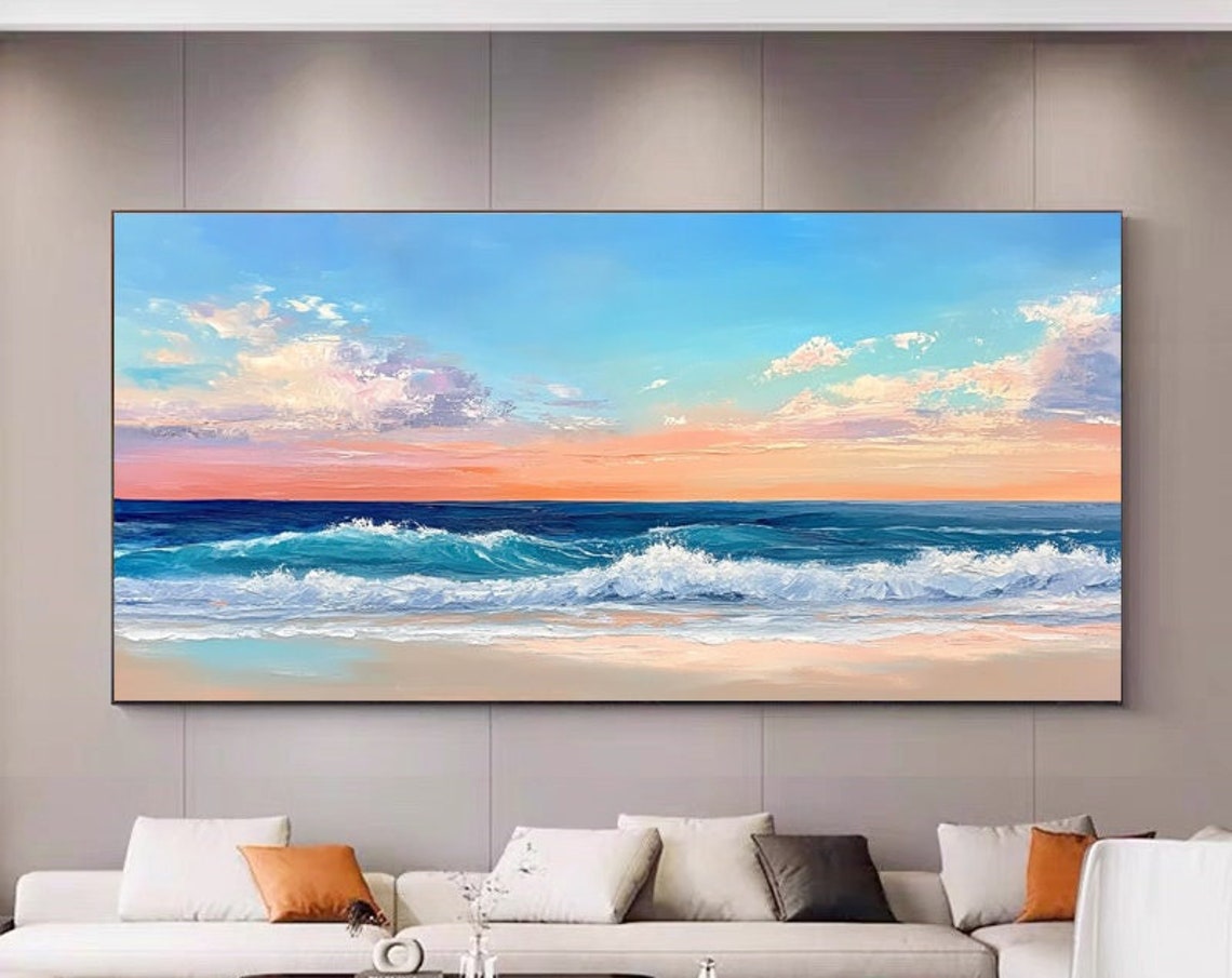Pink Sunset Beach Waves Rolling Ocean Panoramic Seascape Art Poster