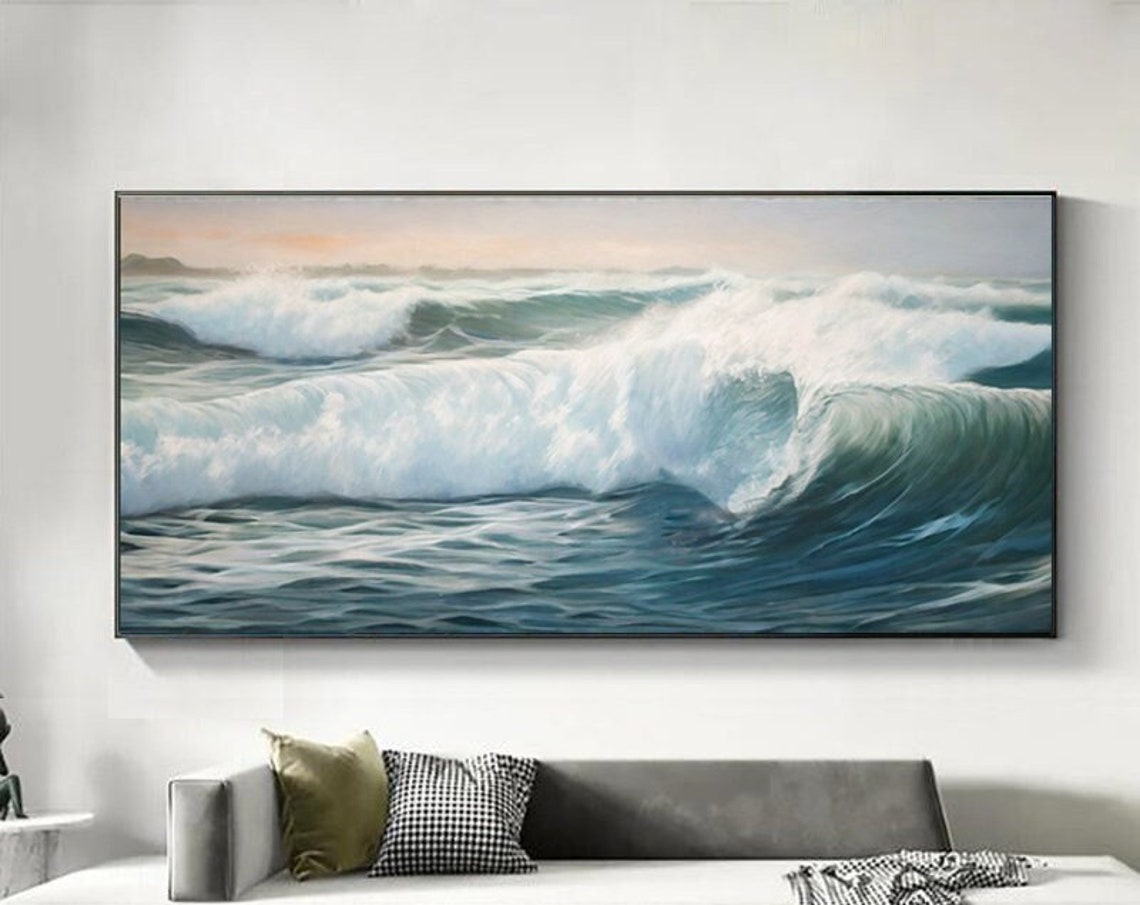 Morning Light Over Teal Ocean Waves Wide Surf Panoramic Art Poster