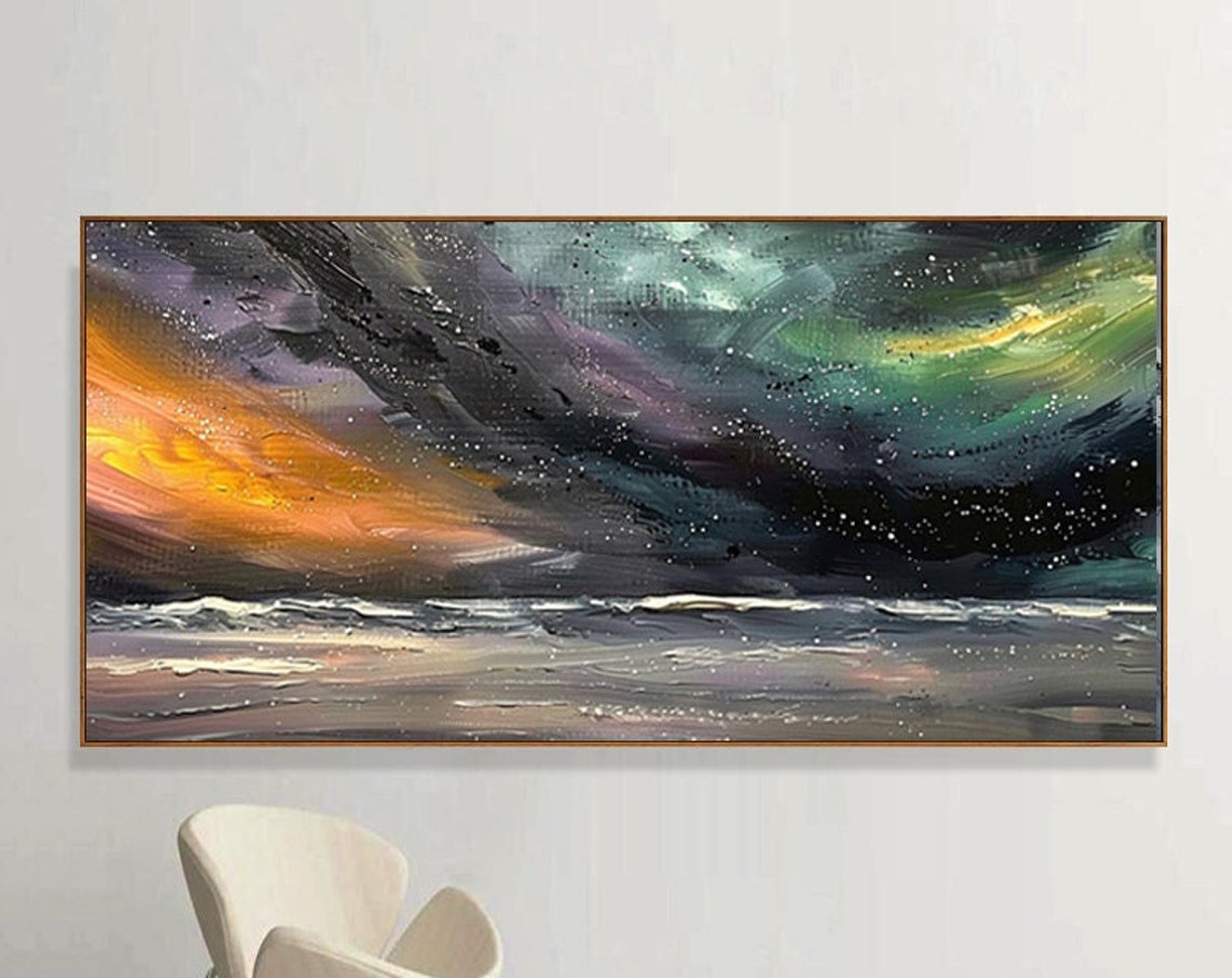 Aurora Lights Swirling Over a Dark Night Ocean Panoramic Poster