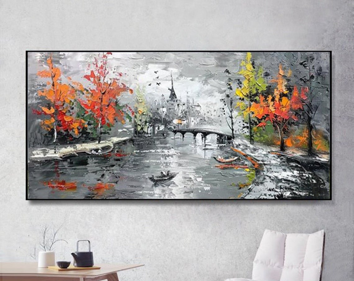 City Bridge Canal With Autumn Trees Black White City Painting Poster