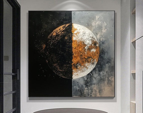 Abstract Oil Painting Earth With Sun And Moon Phases Textured Layered Art For Living Room Entryway Dining Room