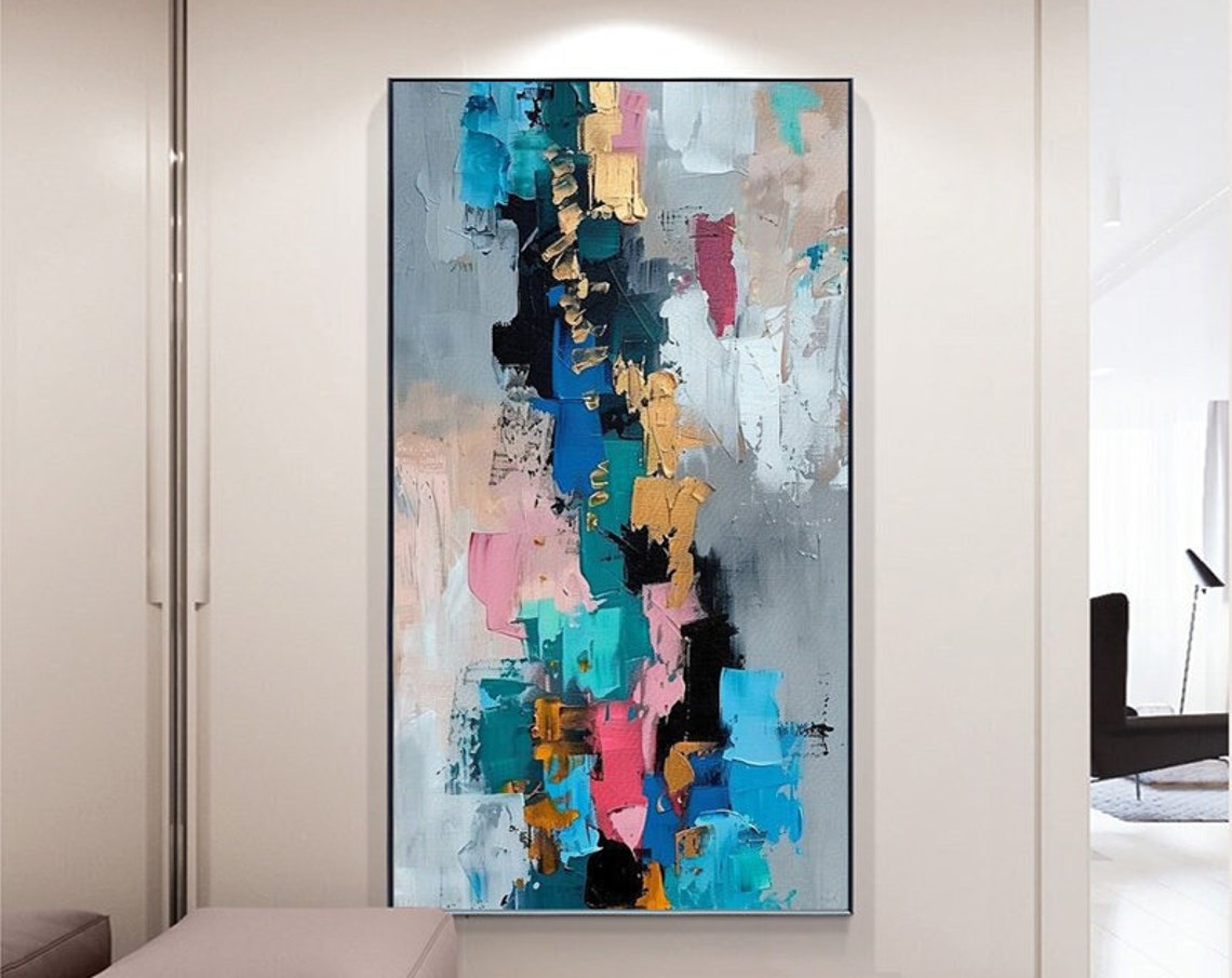 Tall Blue Pink and Gold Vertical Abstract Modern Canvas Poster