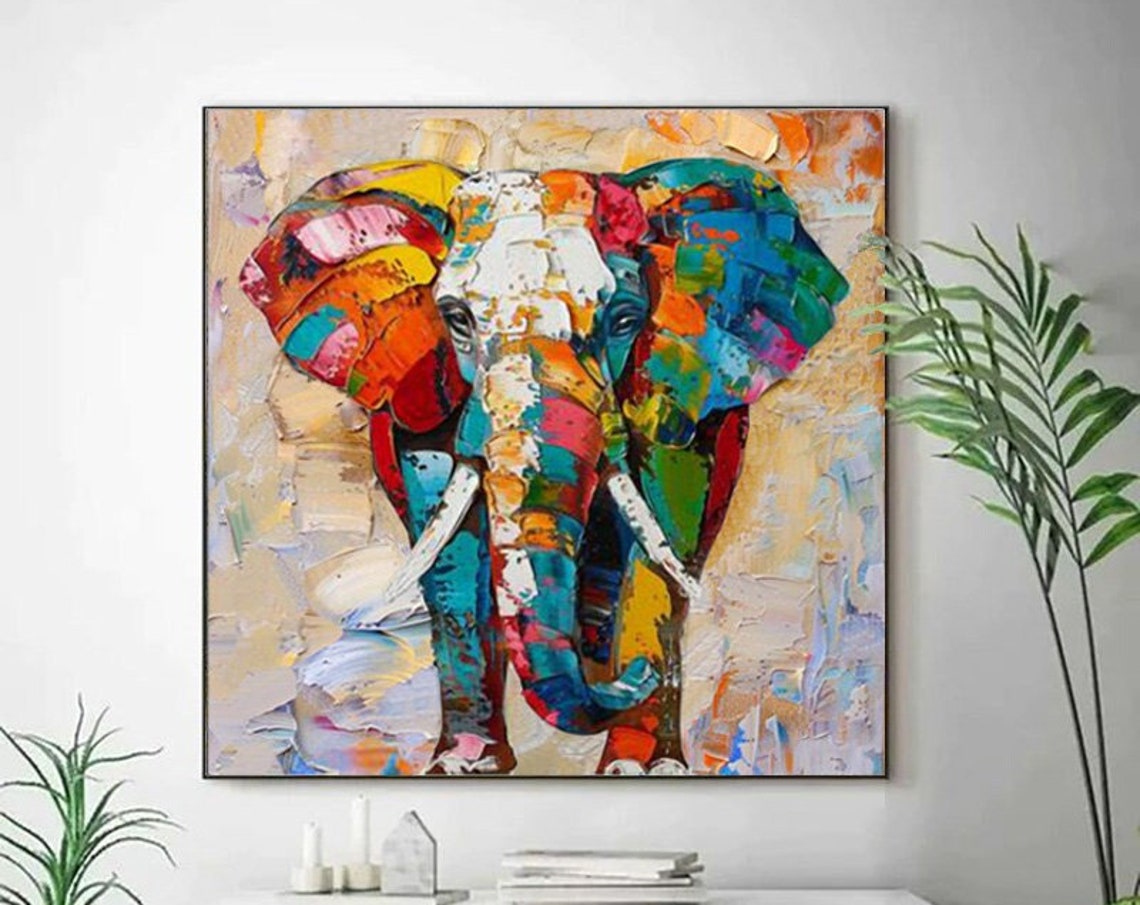 Colorful Elephant Rainbow Mosaic Palette Knife Painting Poster