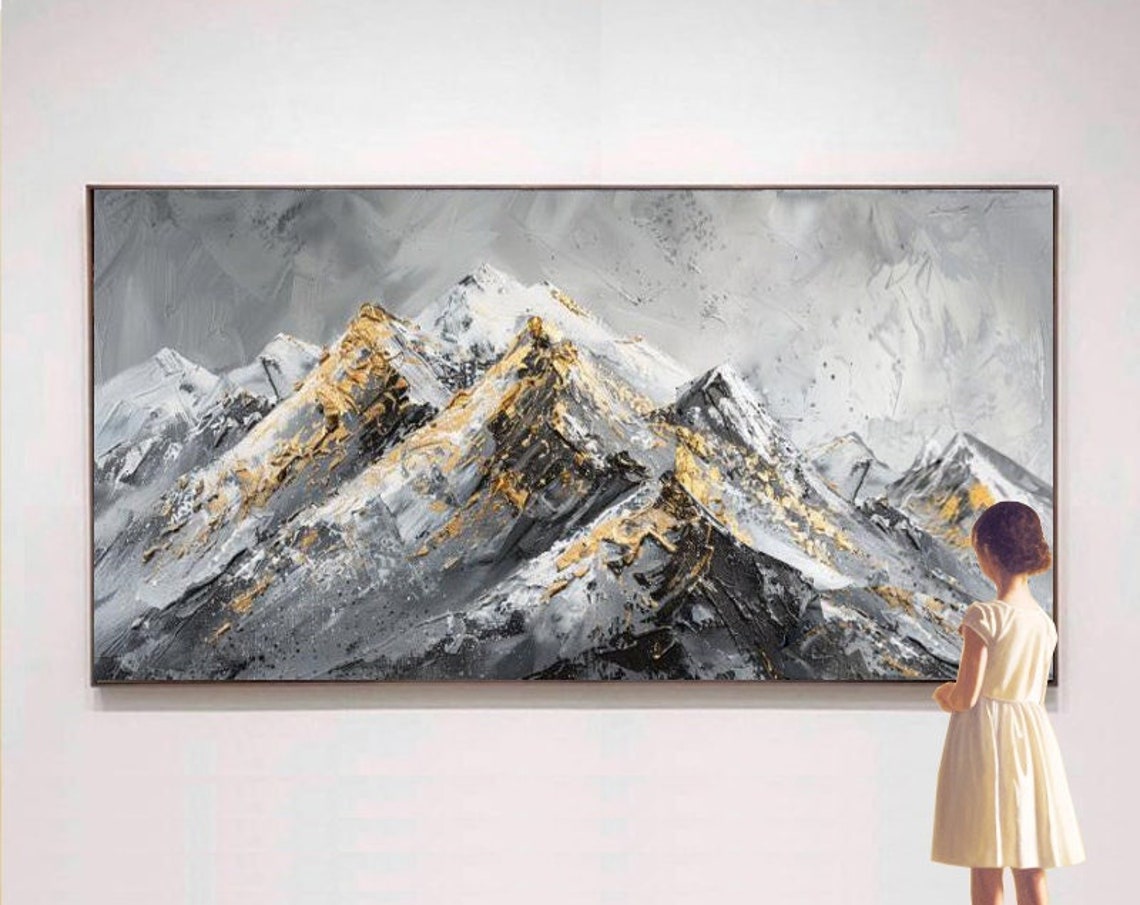 Grey Mountain Range With Gold Leaf Textured Landscape Painting Poster